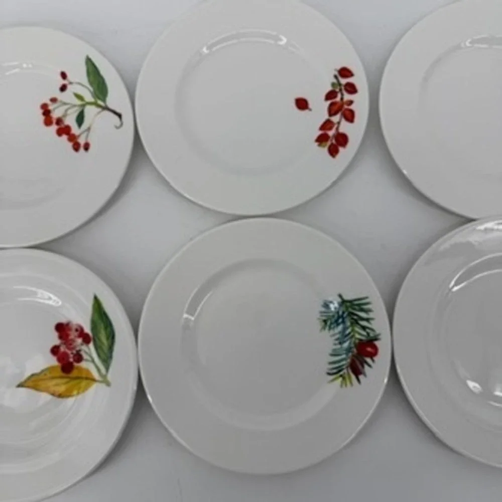 Crate & Barrel Mary Woodin Winter Berry Appetizer Plates Set of 6 White 6.25in